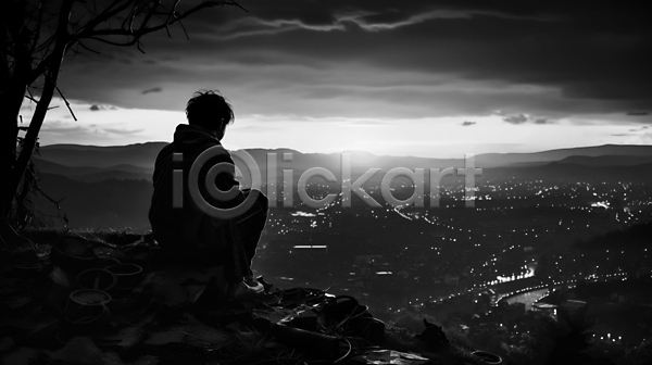 남자 십대남자한명만 청소년 한명 JPG 디지털합성 편집이미지 흑백 구름(자연) 도시 응시 전신 전쟁터 폐허 풍경(경치) 하늘