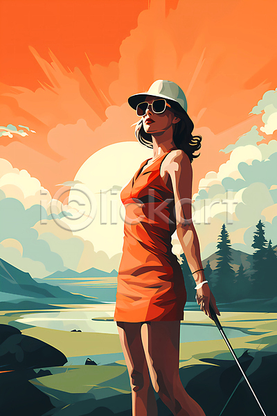 성인 성인여자한명만 여자 한명 JPG 디지털합성 편집이미지 골퍼 골프장 골프채 구름(자연) 산 선글라스 잡기 캡모자 태양 풍경(경치) 하늘