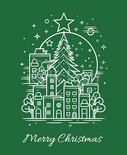 사람없음 AI(파일형식) 일러스트 건물 나무 도시 라인아트 반짝임 별 손글씨 영어 초록색 크리스마스 크리스마스트리 필기체