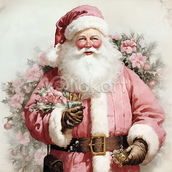 남자 노년 노인남자한명만 한명 JPG 디지털합성 편집이미지 겨울 꽃 들기 분홍색 산타클로스 상반신 잎 크리스마스