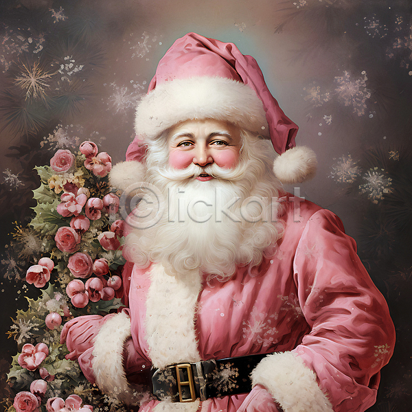 남자 노년 노인남자한명만 한명 JPG 디지털합성 편집이미지 겨울 꽃 분홍색 산타클로스 상반신 잎 크리스마스