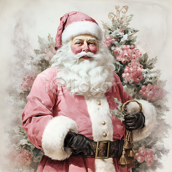 남자 노년 노인남자한명만 한명 JPG 디지털합성 편집이미지 겨울 들기 밧줄 분홍색 산타클로스 상반신 열매 잎 크리스마스