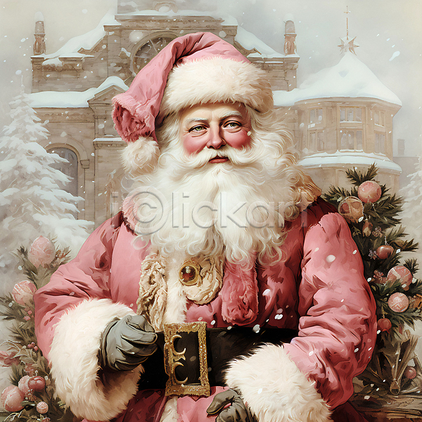남자 노년 노인남자한명만 한명 JPG 디지털합성 편집이미지 겨울 분홍색 산타클로스 상반신 손짓 주택 크리스마스 크리스마스트리