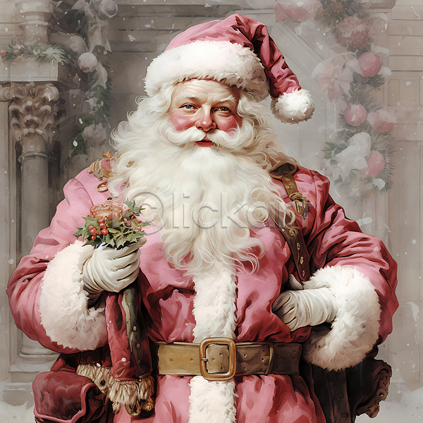 남자 노년 노인남자한명만 한명 JPG 디지털합성 편집이미지 겨울 들기 분홍색 산타클로스 상반신 열매 잎 크리스마스