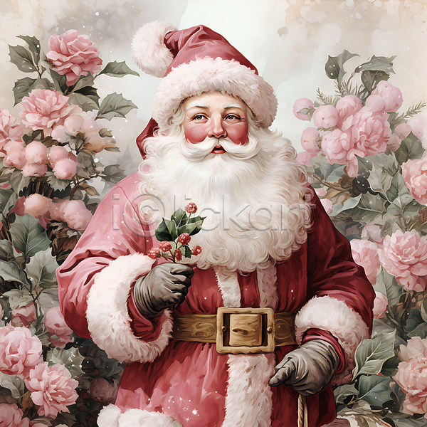 남자 노년 노인남자한명만 한명 JPG 디지털합성 편집이미지 겨울 꽃 들기 분홍색 산타클로스 상반신 열매 잎 크리스마스