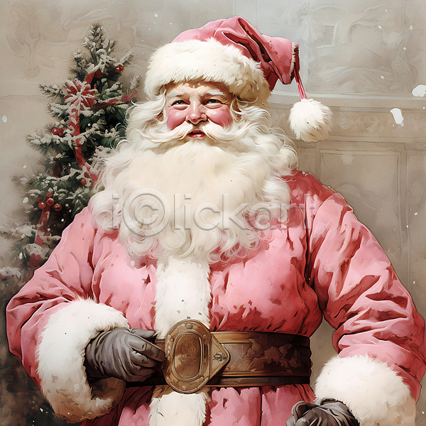 남자 노년 노인남자한명만 한명 JPG 디지털합성 편집이미지 겨울 분홍색 산타클로스 상반신 손짓 크리스마스 크리스마스트리