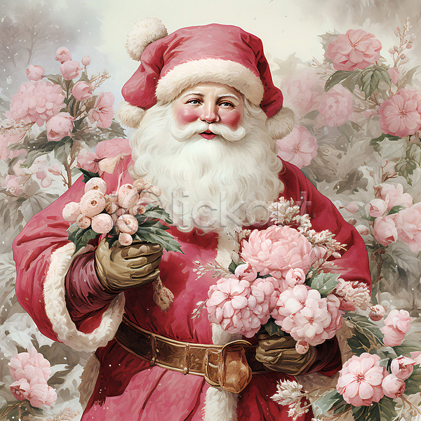남자 노년 노인남자한명만 한명 JPG 디지털합성 편집이미지 겨울 꽃다발 들기 분홍색 산타클로스 상반신 잎 크리스마스