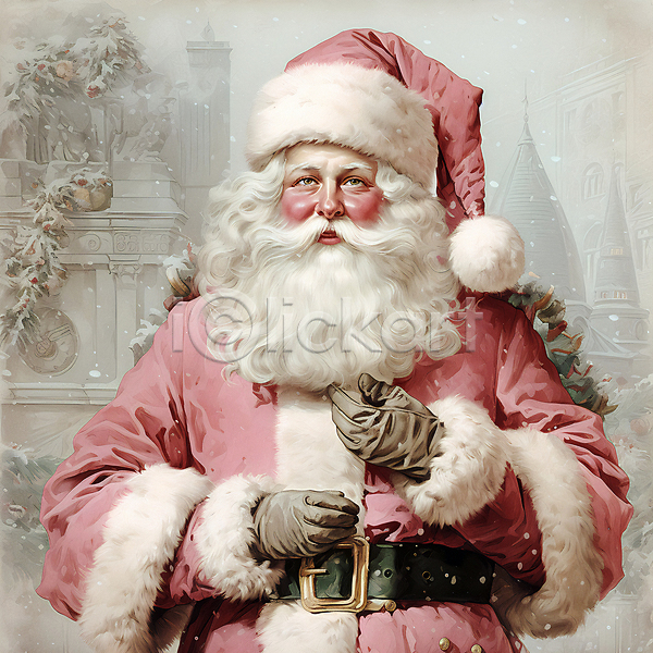 남자 노년 노인남자한명만 한명 JPG 디지털합성 편집이미지 겨울 분홍색 산타클로스 상반신 손짓 크리스마스