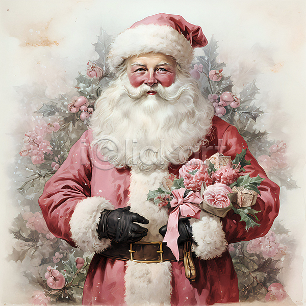 남자 노년 노인남자한명만 한명 JPG 디지털합성 편집이미지 겨울 꽃다발 리본 분홍색 산타클로스 상반신 잎 크리스마스