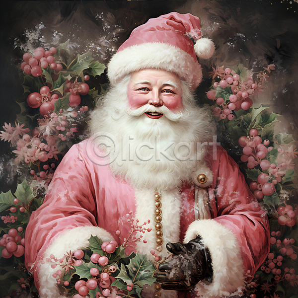 남자 노년 노인남자한명만 한명 JPG 디지털합성 편집이미지 겨울 들기 분홍색 산타클로스 상반신 잎 크리스마스 호랑가시나무열매