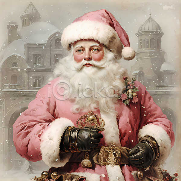 남자 노년 노인남자한명만 한명 JPG 디지털합성 편집이미지 겨울 들기 분홍색 산타클로스 상반신 왕관 장식 크리스마스