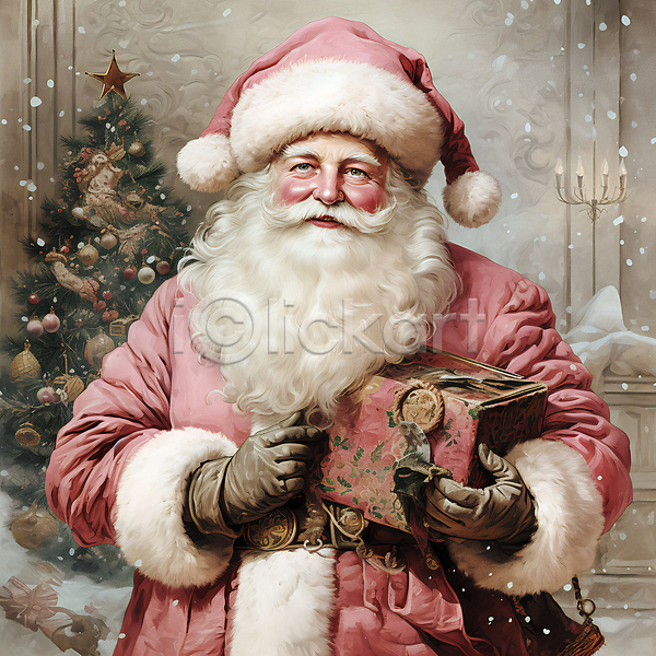 남자 노년 노인남자한명만 한명 JPG 디지털합성 편집이미지 겨울 들기 분홍색 산타클로스 상반신 선물상자 크리스마스 크리스마스트리