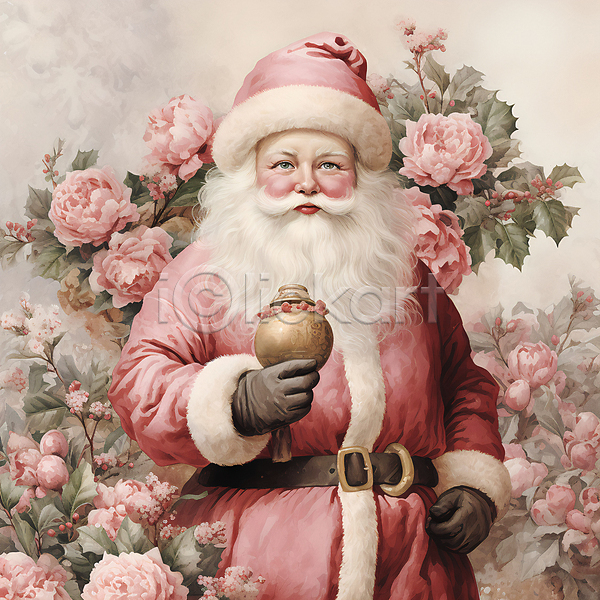 남자 노년 노인남자한명만 한명 JPG 디지털합성 편집이미지 겨울 꽃 들기 분홍색 산타클로스 상반신 잎 크리스마스 항아리