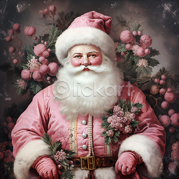 남자 노년 노인남자한명만 한명 JPG 디지털합성 편집이미지 겨울 꽃 분홍색 산타클로스 상반신 잎 크리스마스