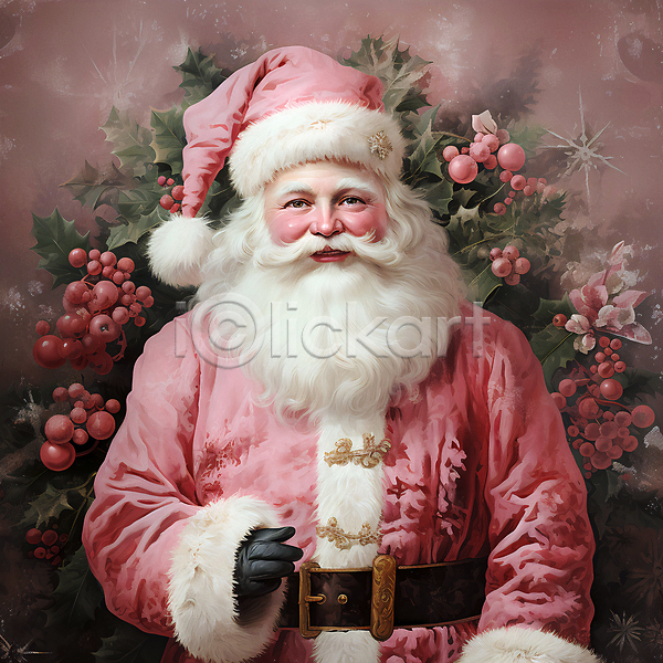 남자 노년 노인남자한명만 한명 JPG 디지털합성 편집이미지 겨울 분홍색 산타클로스 상반신 손짓 크리스마스 호랑가시나무열매