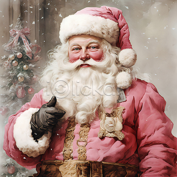 남자 노년 노인남자한명만 한명 JPG 디지털합성 편집이미지 겨울 따봉 분홍색 산타클로스 상반신 크리스마스 크리스마스트리