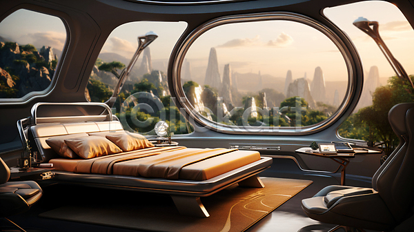 미래 상상 스마트 사람없음 JPG 디지털합성 편집이미지 공간 기계 나무 돌산 미래도시 스마트홈 실내 의자 인테리어 창밖 침구 침대 풍경(경치)