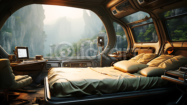 미래 상상 스마트 사람없음 JPG 디지털합성 편집이미지 공간 기계 나무 돌산 미래도시 스마트홈 실내 의자 인테리어 창밖 침구 침대 풍경(경치)
