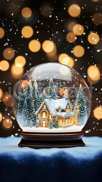 사람없음 JPG 편집이미지 겨울 나무 눈(날씨) 눈내림 보케 스노글로브 주택 크리스마스