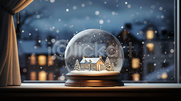 사람없음 JPG 편집이미지 겨울 나무 눈(날씨) 눈내림 보케 스노글로브 야간 주택 창가 크리스마스