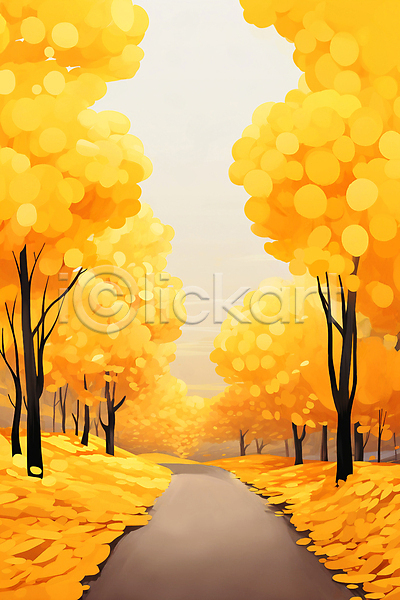 사람없음 JPG 일러스트 가을(계절) 구름(자연) 길 낙엽 노란색 백그라운드 은행나무 은행잎 풍경(경치) 하늘