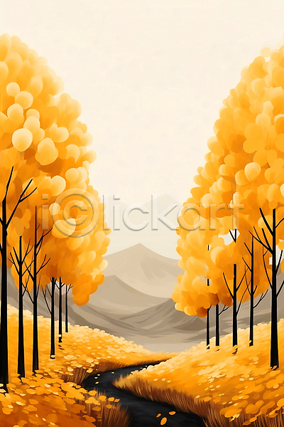 사람없음 JPG 일러스트 가을(계절) 갈대(식물) 길 낙엽 노란색 백그라운드 산 은행나무 은행잎 풍경(경치) 하늘