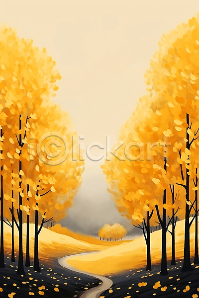사람없음 JPG 일러스트 가을(계절) 길 낙엽 노란색 백그라운드 안개 은행나무 은행잎 풍경(경치) 하늘
