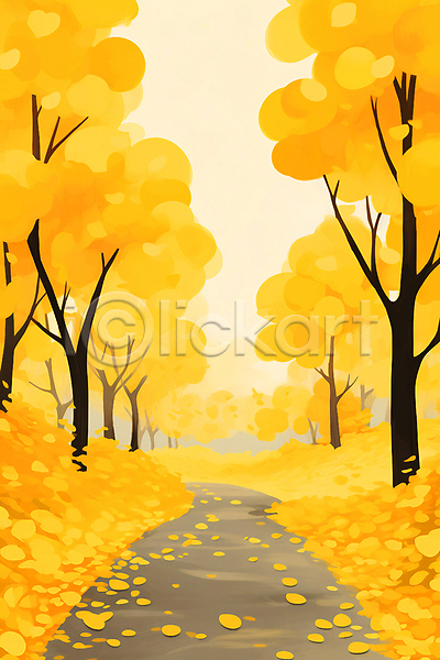 사람없음 JPG 일러스트 가을(계절) 길 낙엽 노란색 백그라운드 은행나무 은행잎 풍경(경치) 하늘