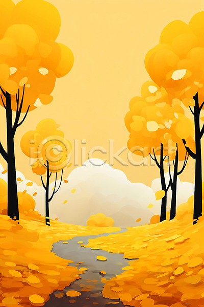 사람없음 JPG 일러스트 가을(계절) 구름(자연) 길 낙엽 노란색 백그라운드 은행나무 은행잎 풍경(경치) 하늘