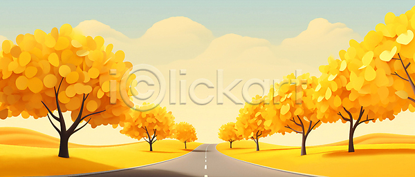사람없음 JPG 일러스트 가을(계절) 구름(자연) 낙엽 노란색 도로 백그라운드 은행나무 은행잎 풍경(경치) 하늘