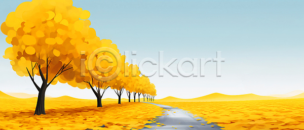 사람없음 JPG 일러스트 가을(계절) 길 낙엽 노란색 백그라운드 산 은행나무 은행잎 풍경(경치) 하늘