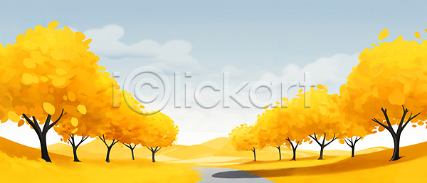 사람없음 JPG 일러스트 가을(계절) 구름(자연) 길 낙엽 노란색 백그라운드 산 언덕 은행나무 은행잎 풍경(경치) 하늘