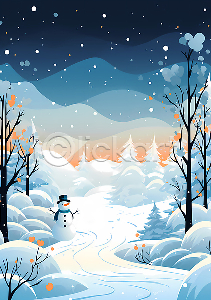 사람없음 JPG 일러스트 겨울 나무 눈(날씨) 눈내림 눈사람 백그라운드 숲 자연 풍경(경치) 하늘