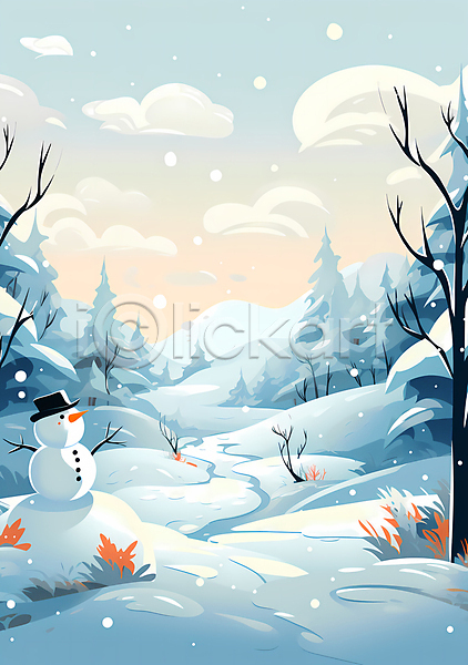 사람없음 JPG 일러스트 겨울 구름(자연) 나무 눈(날씨) 눈내림 눈사람 백그라운드 숲 자연 풍경(경치) 하늘