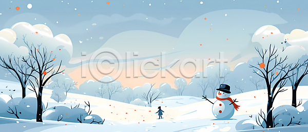 사람 어린이 어린이만 한명 JPG 일러스트 겨울 나무 눈(날씨) 눈내림 눈사람 백그라운드 숲 자연 전신 풍경(경치) 하늘