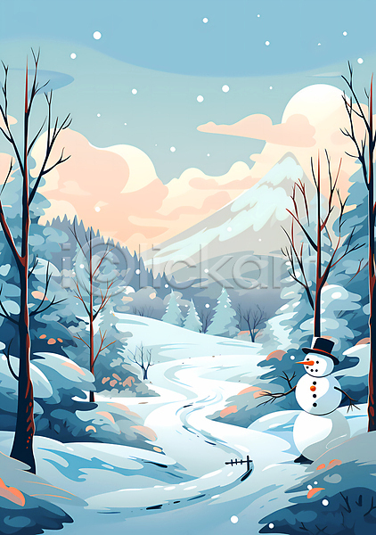 사람없음 JPG 일러스트 겨울 구름(자연) 나무 눈(날씨) 눈내림 눈사람 백그라운드 숲 자연 풍경(경치) 하늘