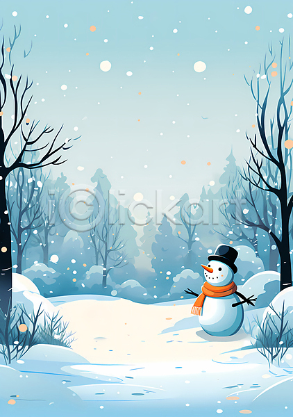 사람없음 JPG 일러스트 겨울 나무 눈(날씨) 눈내림 눈사람 백그라운드 숲 자연 풍경(경치) 하늘