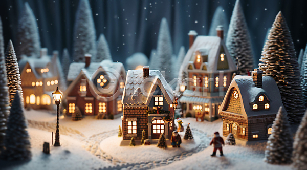 사람없음 JPG 편집이미지 가로등 겨울 나무 눈내림 마을 미니어처 빛 주택 진저쿠키 풍경(경치)