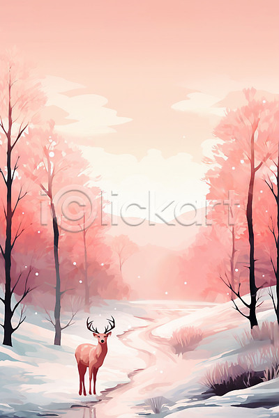 사람없음 JPG 일러스트 강 겨울 나무 눈(날씨) 눈덮임 백그라운드 분홍색 사슴 숲 자연 풍경(경치) 하늘