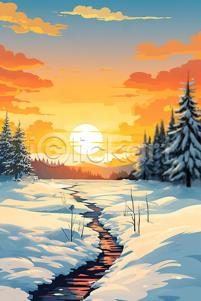 사람없음 JPG 일러스트 겨울 구름(자연) 눈(날씨) 눈덮임 백그라운드 숲 일몰 자연 태양 풍경(경치) 하늘
