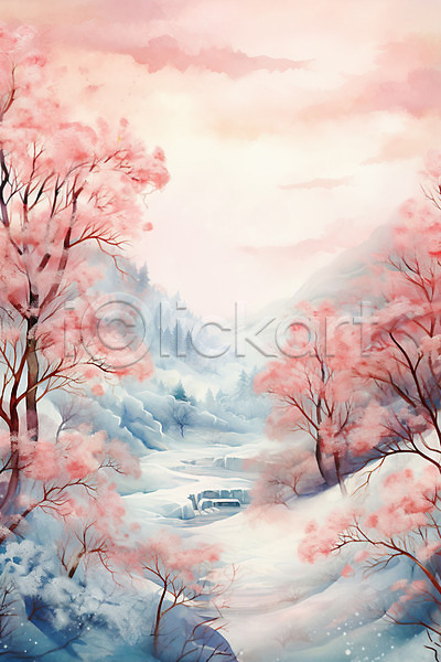 사람없음 JPG 일러스트 겨울 나무 눈덮임 백그라운드 분홍색 설원 숲 자연 풍경(경치) 하늘 하늘색