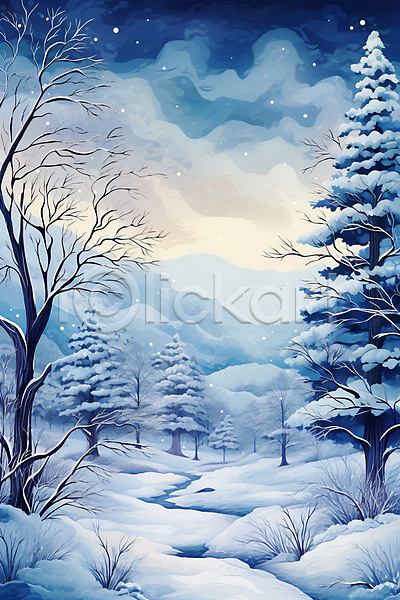 사람없음 JPG 일러스트 겨울 구름(자연) 나무 눈덮임 백그라운드 설원 숲속 야간 자연 파란색 풍경(경치) 하늘
