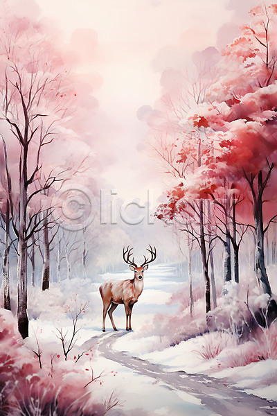 사람없음 JPG 일러스트 겨울 나무 눈(날씨) 눈덮임 백그라운드 분홍색 사슴 숲 자연 풍경(경치)