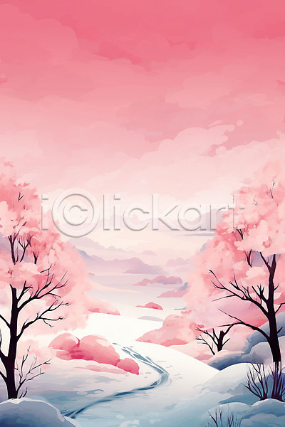 사람없음 JPG 일러스트 겨울 나무 백그라운드 분홍색 설원 숲 자연 풍경(경치) 하늘