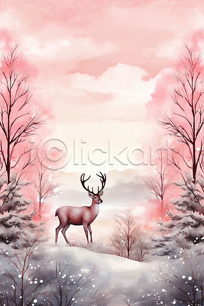 사람없음 JPG 일러스트 겨울 나무 눈(날씨) 눈덮임 백그라운드 분홍색 사슴 숲 자연 풍경(경치) 하늘