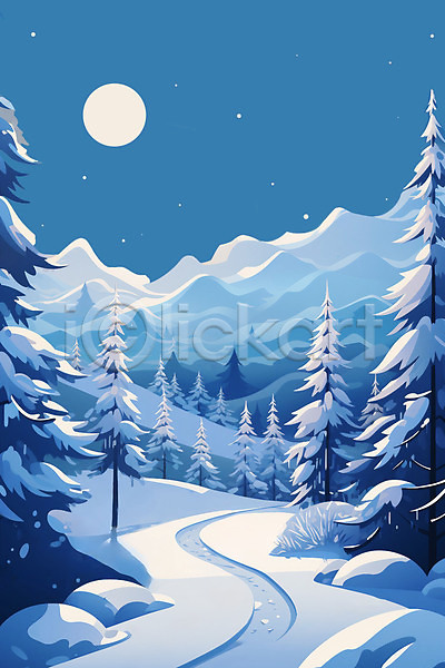사람없음 JPG 일러스트 겨울 나무 달 백그라운드 산 설원 숲 자연 파란색 풍경(경치) 하늘