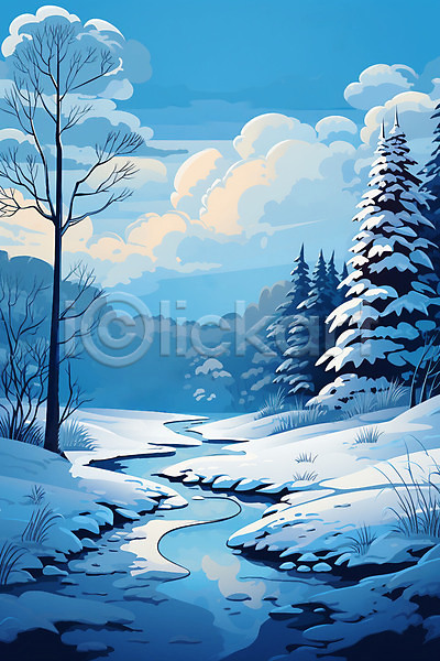 사람없음 JPG 일러스트 겨울 구름(자연) 나무 백그라운드 설원 숲 자연 파란색 풍경(경치) 하늘