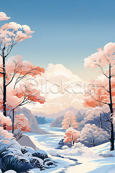 사람없음 JPG 일러스트 겨울 나무 백그라운드 분홍색 설원 숲 자연 풍경(경치) 하늘 하늘색