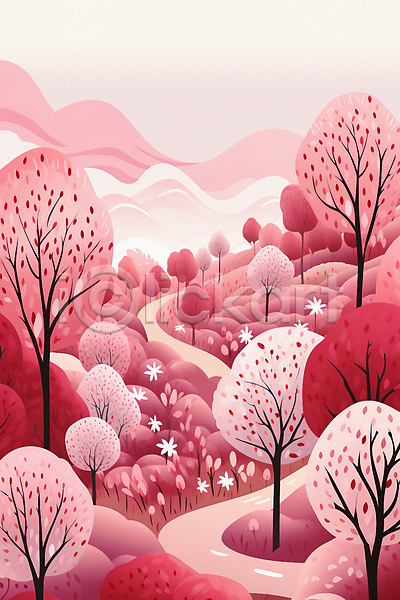 사람없음 JPG 일러스트 길 나무 백그라운드 분홍색 산 숲 자연 풍경(경치) 하늘