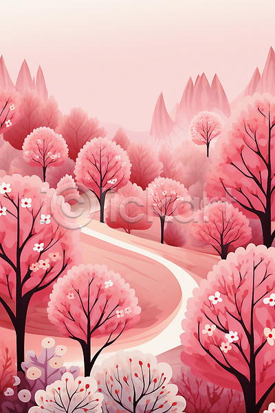 사람없음 JPG 일러스트 길 나무 백그라운드 분홍색 산 숲 자연 풍경(경치) 하늘